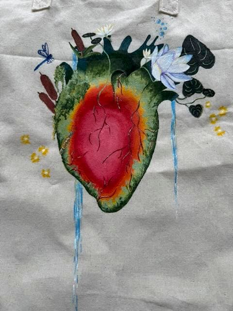 Floral anatomical heart tote bag — Sophia’s intricate painted canvas