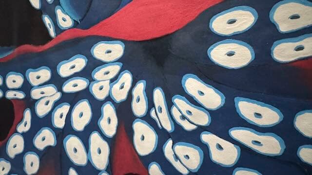 Close detail of Sophia’s bold octopus canvas painting — navy and white